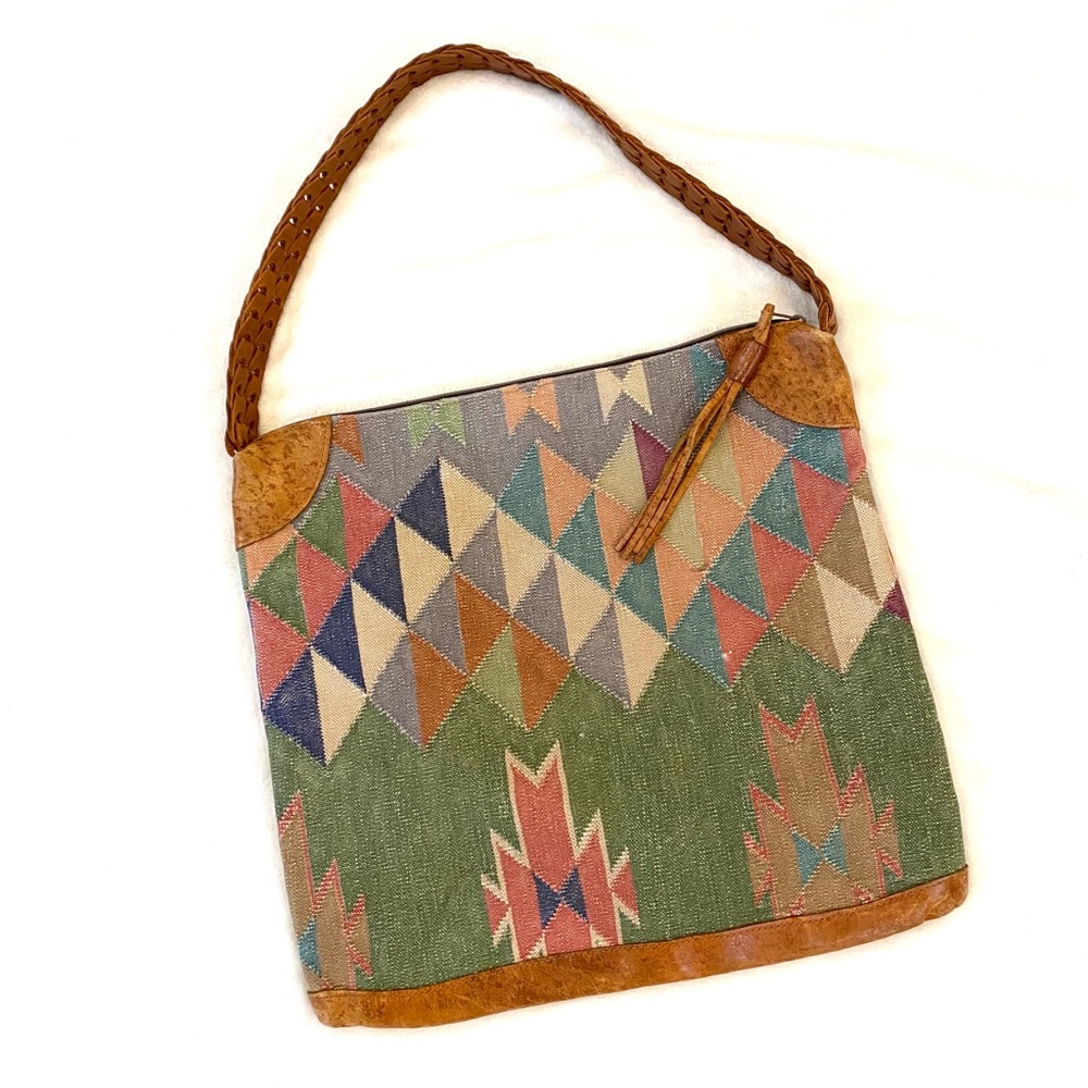 Vintage Boho Leather Kilim Tapestry Purse Bag